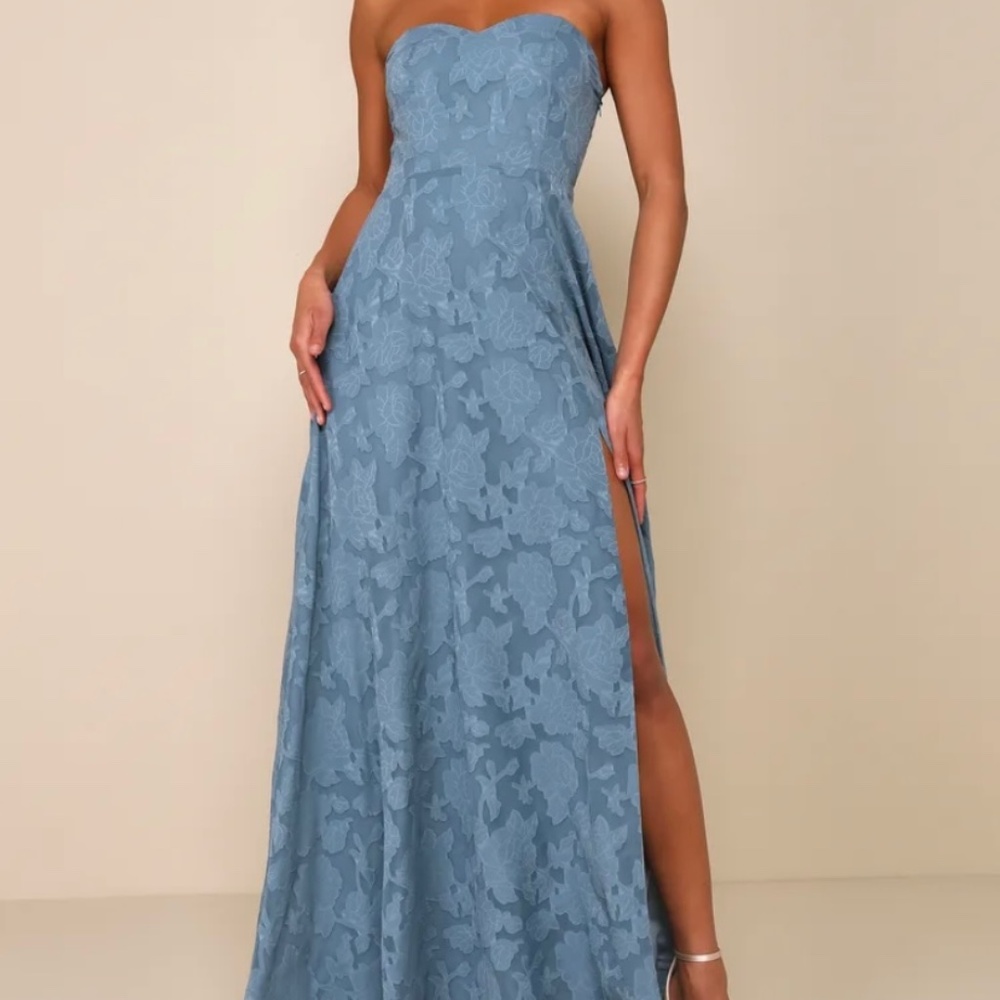 Lulu dress Garden of Romance Dusty Blue Floral Burnout Strapless Maxi Dress